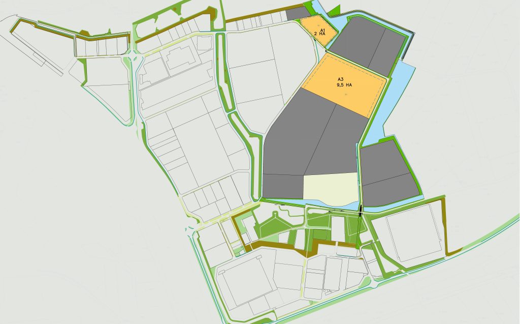 Vergroot afbeelding: Overzicht van de kavels op Bedrijvenpark Medel waarbij kavels A1 (2 Hectare (HA)) en A3 (9,5 Hectare (HA)) zijn uitgelicht.