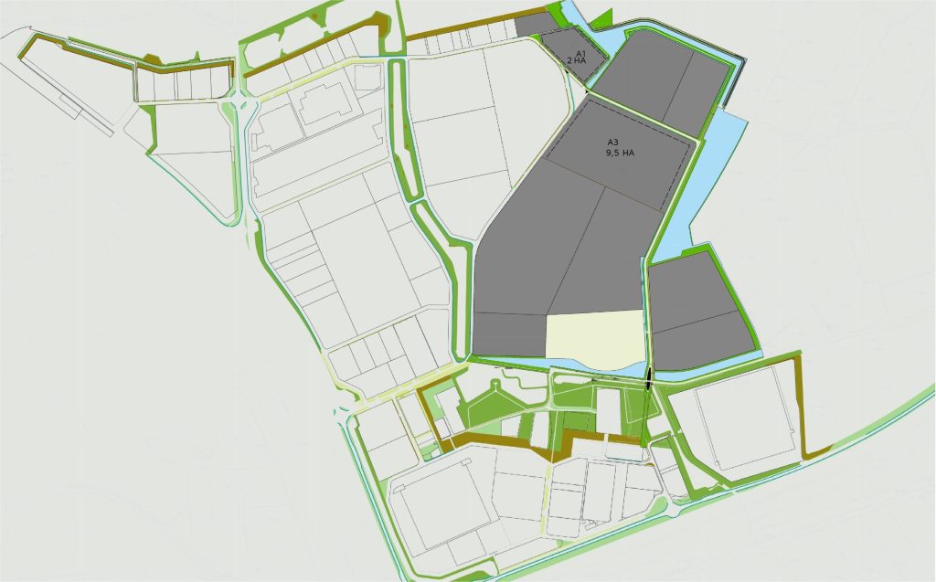 Vergroot afbeelding: Overzicht van de kavels op Bedrijvenpark Medel waarbij kavels A1 (2 Hectare (HA)) en A3 (9,5 Hectare (HA)) zijn aangegeven.